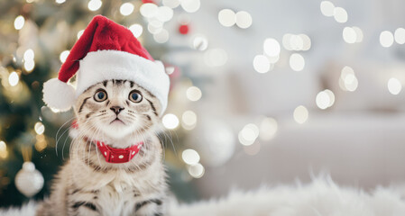 Wall Mural - Adorable kitten wearing Santa hat, festive Christmas tree background, cute tabby cat, holiday decoration theme, warm cozy atmosphere, Christmas celebration concept