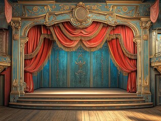 A grand and ornate stage with red velvet curtains and gold trim, ready for the performance.