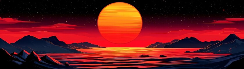 Sticker - A fiery sunset over a vast, still body of water.