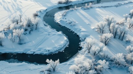 Canvas Print - Aerial View of River in Winter Wonderland