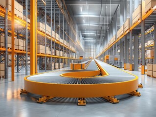 Poster - A large, yellow conveyor belt system snakes through a modern warehouse.