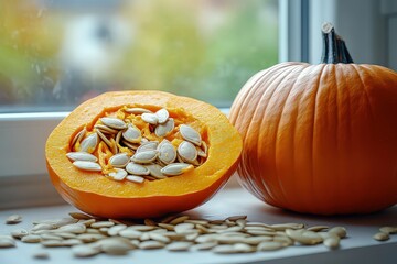 Wall Mural -  Fresh pumpkin and its seeds on a windowsill, symbolizing autumn harvest and seasonal cooking, perfect for fall recipes.