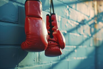 Wall Mural - A pair of worn red boxing gloves hang from a wall, ready for action