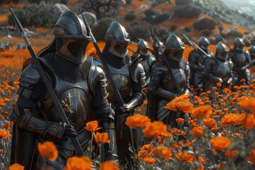 Three men in medieval armor walk through a field of orange flowers, generative ai image