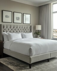 a luxurious hotel bedroom with a plush king-size bed, white linens, tufted headboard, and a city vie