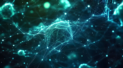 Poster - abstract blue green technology background with a cyber network grid and connected particles artifici