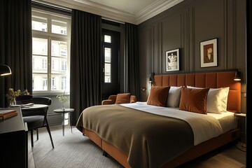 Poster - A modern and elegant bedroom with a large bed, plush pillows, and a city view.