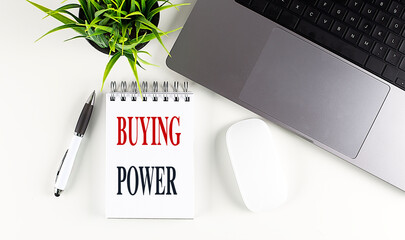 Poster - Buying power concept with a notebook, pen, laptop, and plant on a white desk
