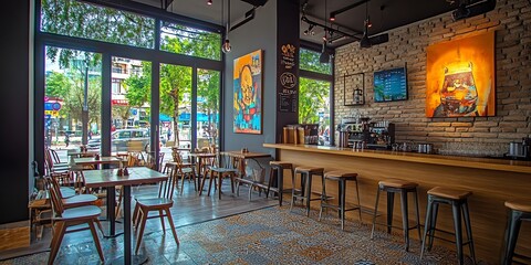 A modern cafe interior with a bar and wooden tables and chairs, with an artistic flair.