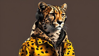 Chic 70s-inspired monochrome portrait featuring a stylish character in a brown jacket with a cheetah design, capturing a vibrant lifestyle and fashion aesthetic.