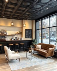 Poster - A modern coffee shop interior with a brown leather couch, white armchairs, a coffee counter and ornate ceiling.