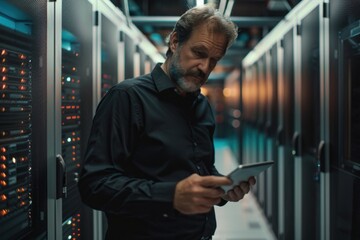 Poster - A technician stands in front of rows of servers, checking information on his tablet