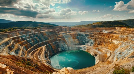 Wall Mural - a large open pit with a blue lake at its center, surrounded by natural landscape
