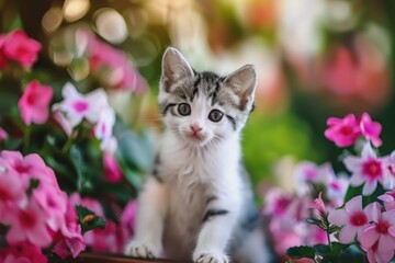 Wall Mural - A tiny kitten sitting comfortably in a colorful flower pot, perfect for pet or nature-themed designs