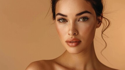 A close-up shot of a woman with a tan background, suitable for use in portraits or beauty-related contexts