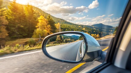 Canvas Print - View from the side mirror of an automobile during an afternoon road drive