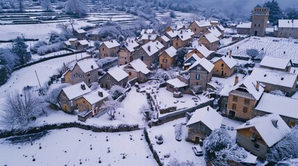 Wall Mural - Snowy Village Aerial View