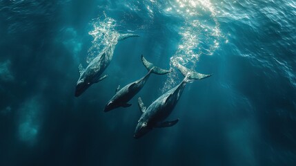 Wall Mural - Three Humpback Whales Swimming in the Ocean