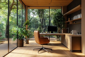 Aufkleber - A modern office with a large window overlooking a lush green forest, featuring a leather office chair, a wooden desk, and a bookshelf.