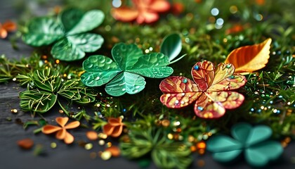 Wall Mural - Vibrant Clover Day Celebration with Festive Irish Confetti and Shiny Celtic Foliage in a Rustic Meadow Setting