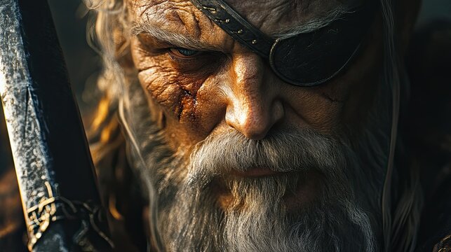 A close-up of Odin's face, with a patch covering one eye and a deep, knowing expression, holding his spear Gungnir in hand. A powerful and solemn portrait.