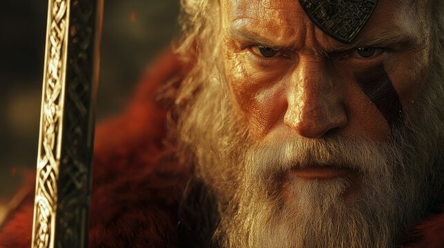 A close-up of Odin's face, with a patch covering one eye and a deep, knowing expression, holding his spear Gungnir in hand. A powerful and solemn portrait.