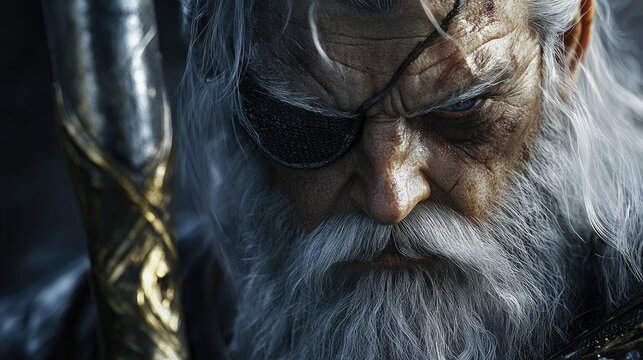 A close-up of Odin's face, with a patch covering one eye and a deep, knowing expression, holding his spear Gungnir in hand. A powerful and solemn portrait.