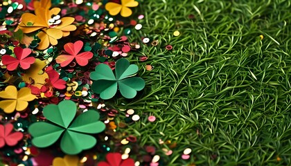 Wall Mural - Vibrant Clover Day Celebration with Festive Irish Confetti and Shiny Celtic Foliage in a Rustic Meadow Setting