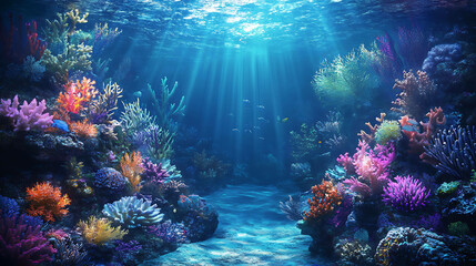 Wall Mural - A colorful underwater scene with coral reefs, fish, and sunlight shining through the blue water.