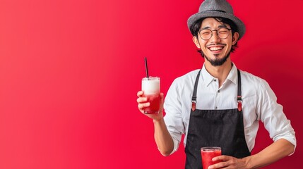 A cheerful male bartender holds two refreshing drinks, showcasing his bright smile against a vibrant red background, perfect for celebrating joy and hospitality.