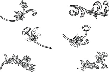 Set of Floral flower baroque engraved ornamental vector design