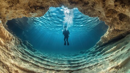 Wall Mural - Silhouette of a Scuba Diver in a Cave