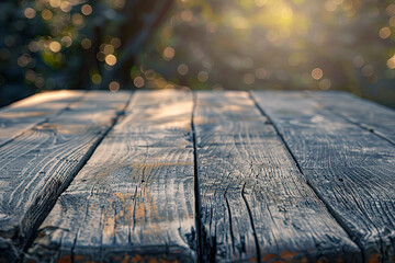 A wooden table with a blue background.,