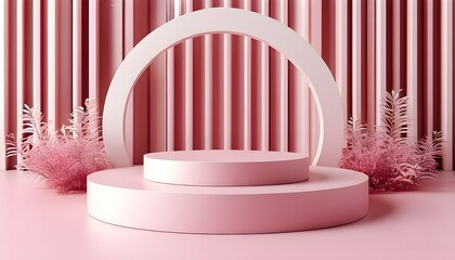 Minimalist 3D podium display with pink accents and abstract steps, creating an elegant showcase for fashion products in a contemporary space.