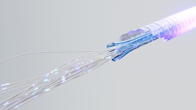 3d rendering of a fiber optic cable bursting with data, transmitting light pulses as a representation of high-speed internet. Ideal for communication and technology-themed projects