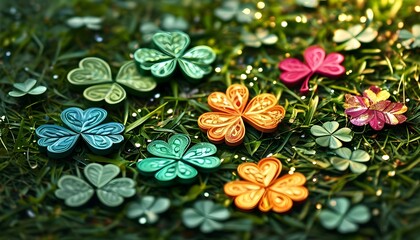 Wall Mural - Vibrant Clover Day Celebration with Festive Irish Confetti and Shiny Celtic Foliage in a Rustic Meadow Setting