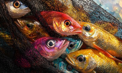 Colorful fish caught in a fishing net.