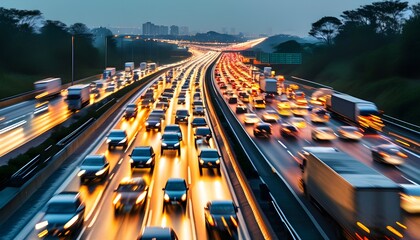 Wall Mural - Dynamic urban motorway scene featuring fast-moving cars and trucks amidst heavy traffic congestion on multi-lane expressway