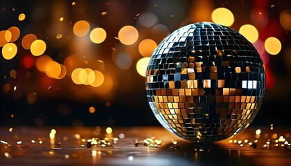 Wall Mural - Glamorous Dark Disco Background with Blurry Glitter and Golden Bokeh Lights for a Festive Christmas Card or Bar Advertisement