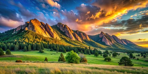 Wall Mural - Majestic Flatirons in Boulder, Colorado, rise gracefully, embraced by vibrant greenery and illuminated by a stunning sunset under expansive clear blue skies. Nature's beauty shines.