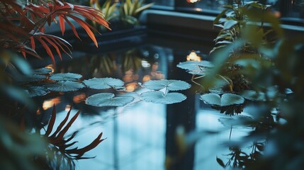 Poster - A serene indoor pond surrounded by lush plants, reflecting soft light.