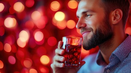 Sticker - A man enjoying a drink against a vibrant, colorful background.