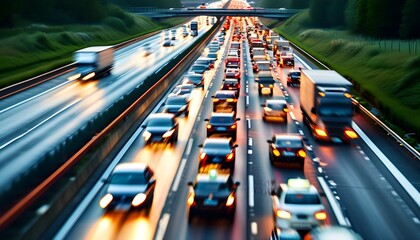 Wall Mural - Dynamic urban motorway scene featuring fast-moving cars and trucks amidst heavy traffic congestion on multi-lane expressway