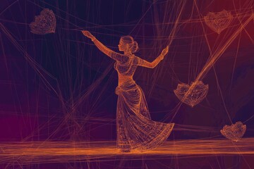 Abstract background Diwali festival of India. line art, add girl wear Indian suit dancing