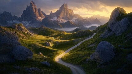 Canvas Print - Serene mountain landscape with a winding path under a dramatic sky at sunset.