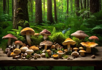 Wall Mural - bountiful display mouthwatering mushrooms artistically arranged rustic wooden table surrounded beauty, gourmet, spread, nature, food, fresh, organic