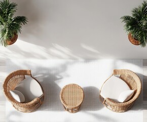 Wall Mural - A cozy seating area with rattan chairs and a small table, surrounded by potted plants.