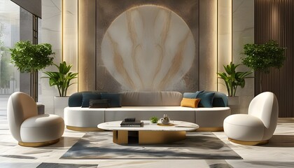 Wall Mural - Elegant 3D luxury hotel lounge with contemporary furnishings, bright daylight illuminating marble floors, stylish sofas, and inviting atmosphere for guests and business gatherings.