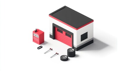 Poster - A stylized garage with tools and tires, representing automotive maintenance.