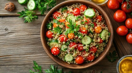 Wall Mural - A vibrant salad bowl filled with quinoa, cherry tomatoes, cucumber, and parsley.